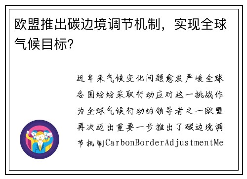 欧盟推出碳边境调节机制，实现全球气候目标？